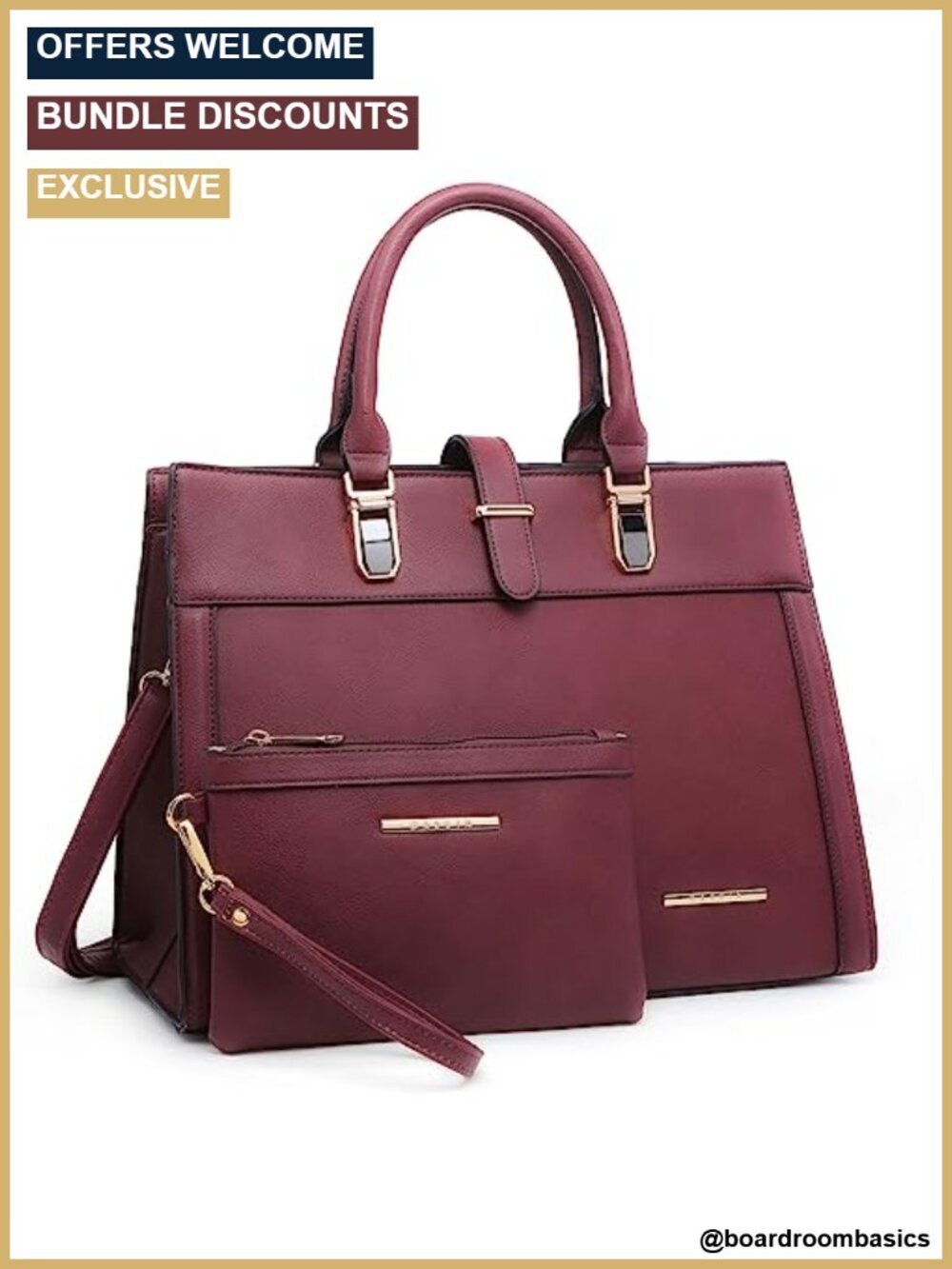 Vegan Leather Belted Satchel Tote with Matching Wristlet, Secure Zipper